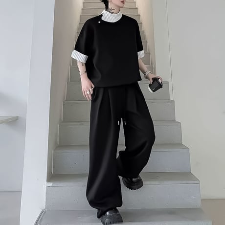 layered look short sleeve sweatshirt setup /2color　VM1159