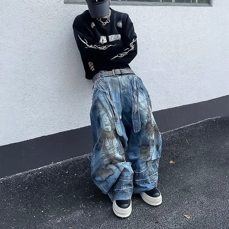 grunge patchwork zip wide denim　VM1065
