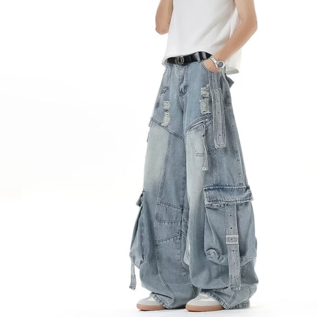 wide punk cargo denim pants /2color　VG1334