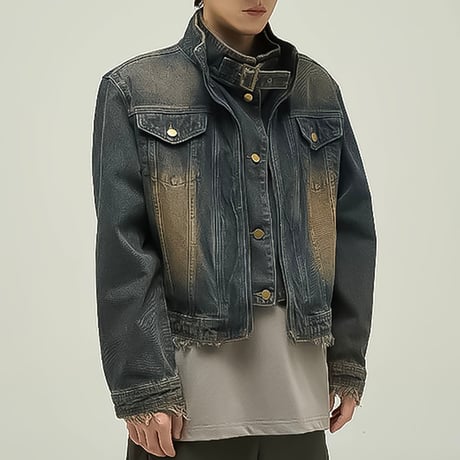 damaged loose zip-up denim jacket　VM1045