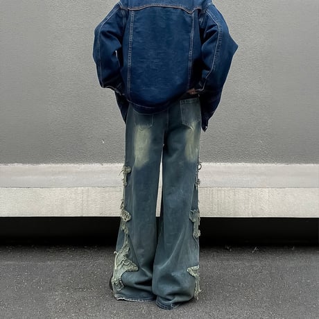 side star applique wide denim /2color　VM1055