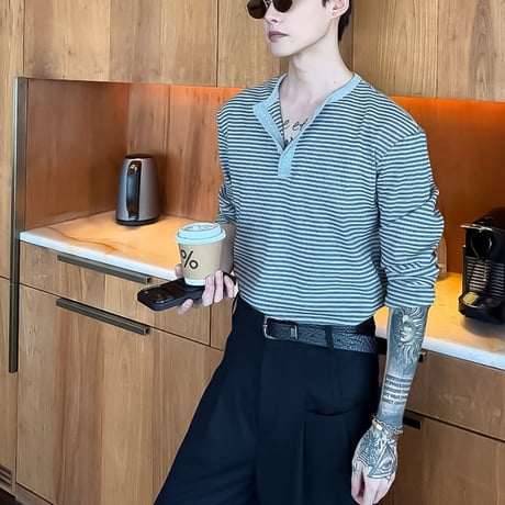striped slim henley neck tee /3color　VG1305