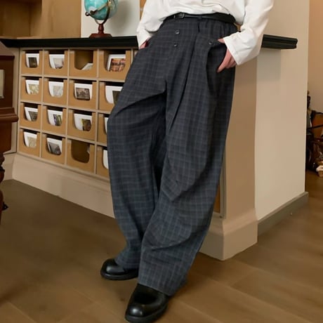 button detail wide check pants　VG1153