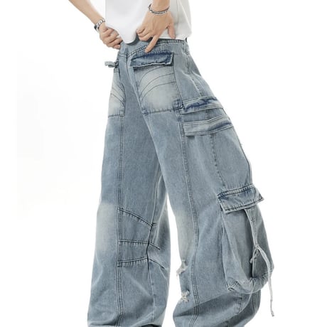 wide punk cargo denim pants /2color　VG1334