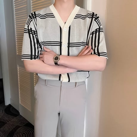 monochrome windowpane knit cardigan /2color　VG1310