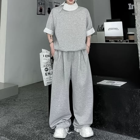 layered look short sleeve sweatshirt setup /2color　VM1159