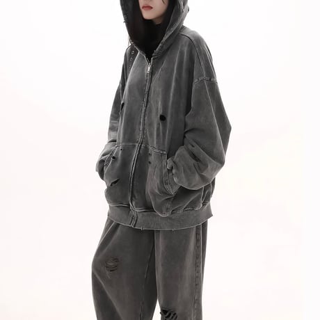 chemical damaged zip hoodie　VM1013