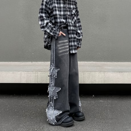 side star applique wide denim /2color　VM1055