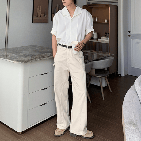 minimal open collar tuck shirt /3color　VM1109