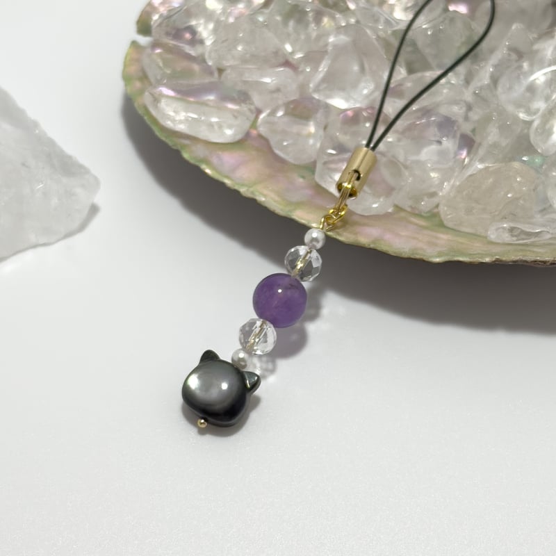 パワーストーンストラップ】アメジスト 猫パーツ付き | 穏心堂-おん