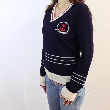 Anchor Motif V-Neck Knit / 1970s–1980s Style