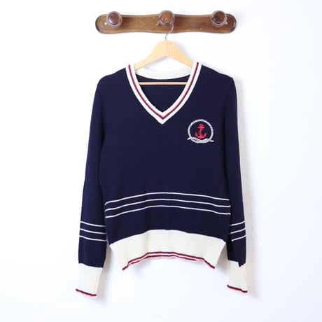 Anchor Motif V-Neck Knit / 1970s–1980s Style
