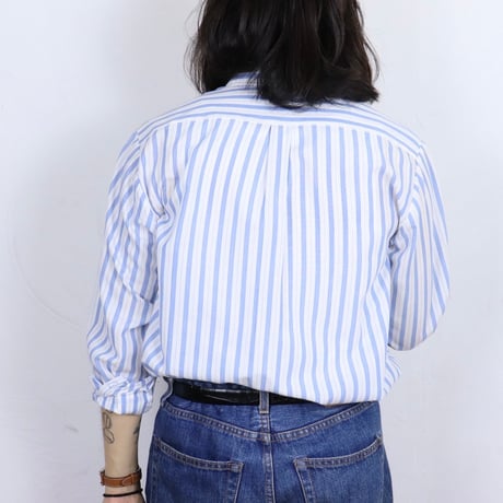 French Vintage Blue Stripe Button Down Shirt 1980s