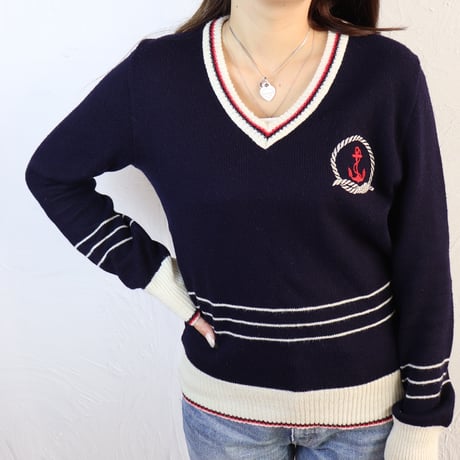 Anchor Motif V-Neck Knit / 1970s–1980s Style