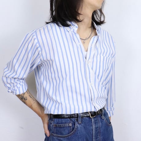 French Vintage Blue Stripe Button Down Shirt 1980s