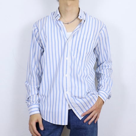 French Vintage Blue Stripe Button Down Shirt 1980s