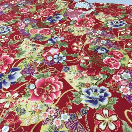 鯉口シャツ（大人・男女兼用）【牡丹と扇面/赤系】0439