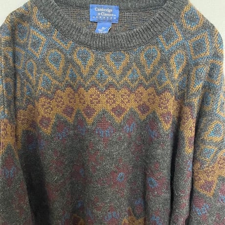 イタリア製　ウール　アクリル　柄ニット　古着　XL