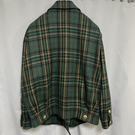 金ボタン　ダブルウールジャケット　グリーン　チェック　キュプラ100% 古着
