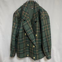 金ボタン　ダブルウールジャケット　グリーン　チェック　キュプラ100% 古着