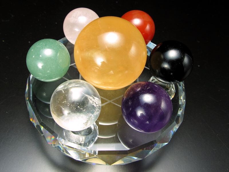 高品質ガラス製 七星陣盤セット 大人気丸玉 チャクラ7種の天然石&七星