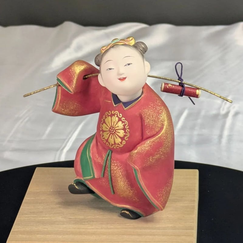 中村信喬 蓬莱 仙童 博多人形 日本工芸会理事 共箱 木台 栞 土人形