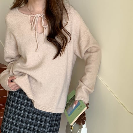 Tie Neck V-Neck Knit Pullover｜タイネックVネックニットトップス（3color）　HB1074