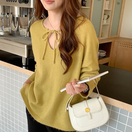Tie Neck V-Neck Knit Pullover｜タイネックVネックニットトップス（3color）　HB1074