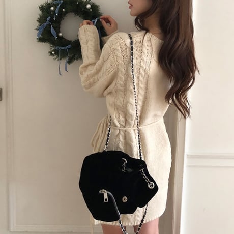 Soft Cable Knit Dress｜ケーブル編みウエストリボンニットワンピース（2color）　HE1003