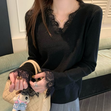 Lace V-Neck Knit Top｜レースVネックニットトップス（4color）　HB1052