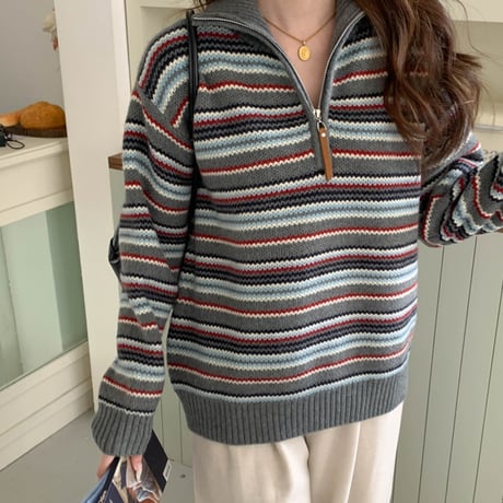 Stripe Half-Zip Knit Sweater｜ストライプハーフジップニットセーター（4color）　HB1016