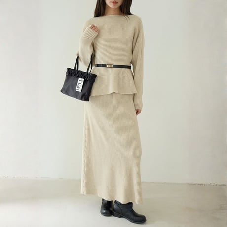 Rib Knit Peplum Set｜ペプラムニットトップス＆スカートセットアップ（2color）　HF1019