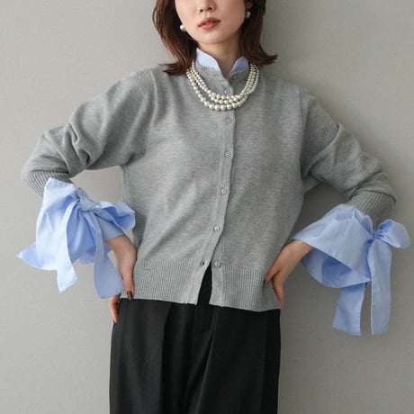 Ribbon Cuff Knit Cardigan｜袖リボンレイヤード風ニットカーディガン（2color）　HA1062