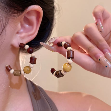 Natural Wood Beads Hoop Earrings｜ナチュラルウッドビーズフープピアス　HI1023