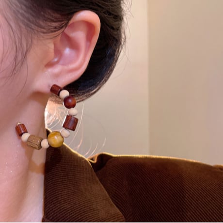 Natural Wood Beads Hoop Earrings｜ナチュラルウッドビーズフープピアス　HI1023