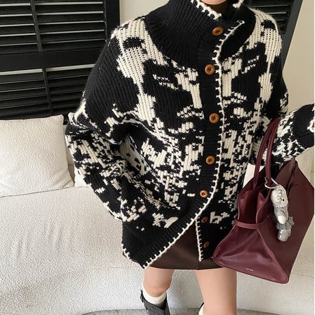 Jacquard High Neck Knit Cardigan｜ジャカード編みハイネックニットカーディガン（2color）　HA1050