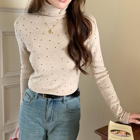 Dot Mock Neck Top｜ドット柄モックネックリブトップス（4color）　HB1062