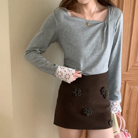 Lace Cuff Asymmetry Top｜レースカフス非対称トップス（4color）　HB1063