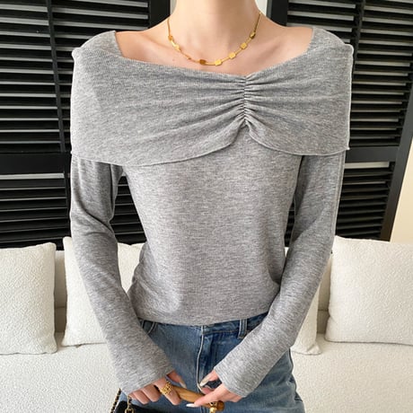 Pleats Off-Shoulder Knit｜プリーツデザインオフショルダーニットトップス（3color）　HB1070