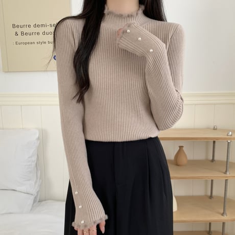 Pearl Trim Rib Knit Top｜パール×フリルリブモックネックニットトップス（4color）　HB1054