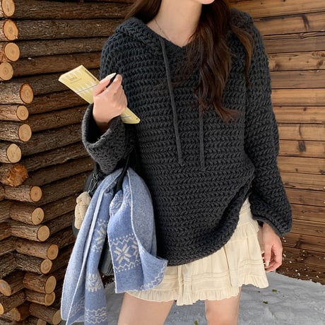 Chunky Knit Hoodie Sweater｜チャンキーニットフードセーター（4color）　HB1018