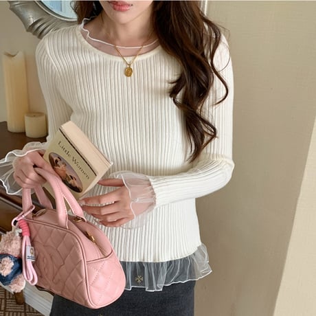 Rib Mesh Knit｜リブメッシュ切替ニットトップス（4color）　HB1064