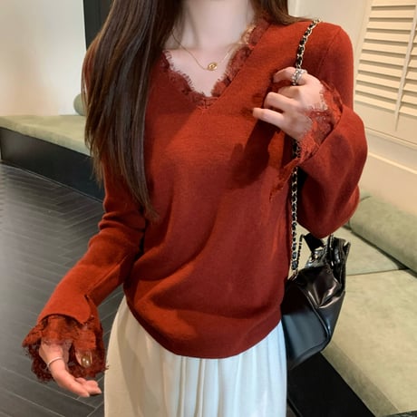 Lace V-Neck Knit Top｜レースVネックニットトップス（4color）　HB1052