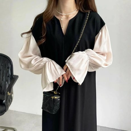 Sleeve Onepiece｜スリーブVネックロングワンピース（3color）　HE1006