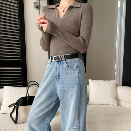 French V-neck Rib Knit｜フレンチVネックポロリブニットトップス （6color）　HB1035