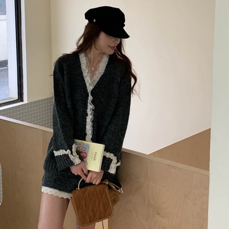 Lace Trim Knit Set｜レーストリムニットカーディガン＆スカートセットアップ（2color）　HF1014