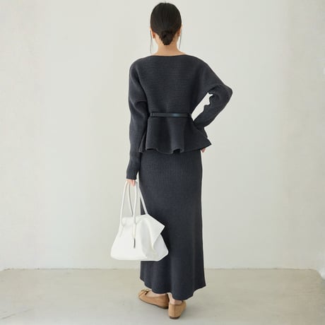 Rib Knit Peplum Set｜ペプラムニットトップス＆スカートセットアップ（2color）　HF1019