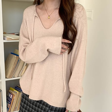 Tie Neck V-Neck Knit Pullover｜タイネックVネックニットトップス（3color）　HB1074