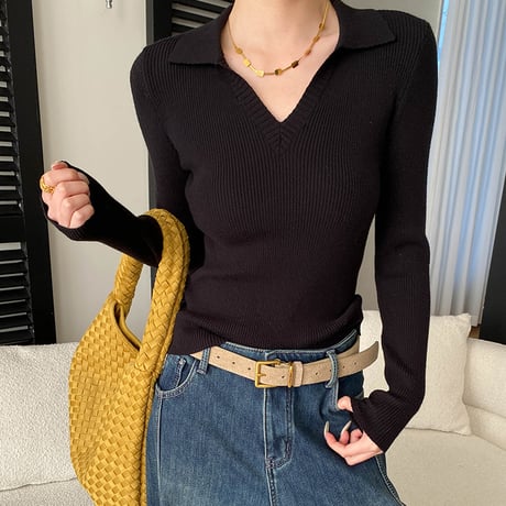 French V-neck Rib Knit｜フレンチVネックポロリブニットトップス （6color）　HB1035