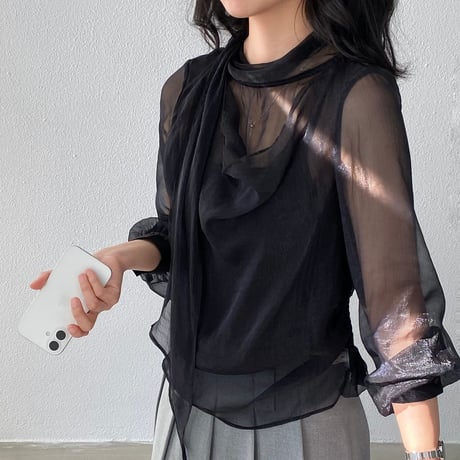 misty sheer ribbon blouse｜ミスティシアーリボンブラウス（2color）　HB1090